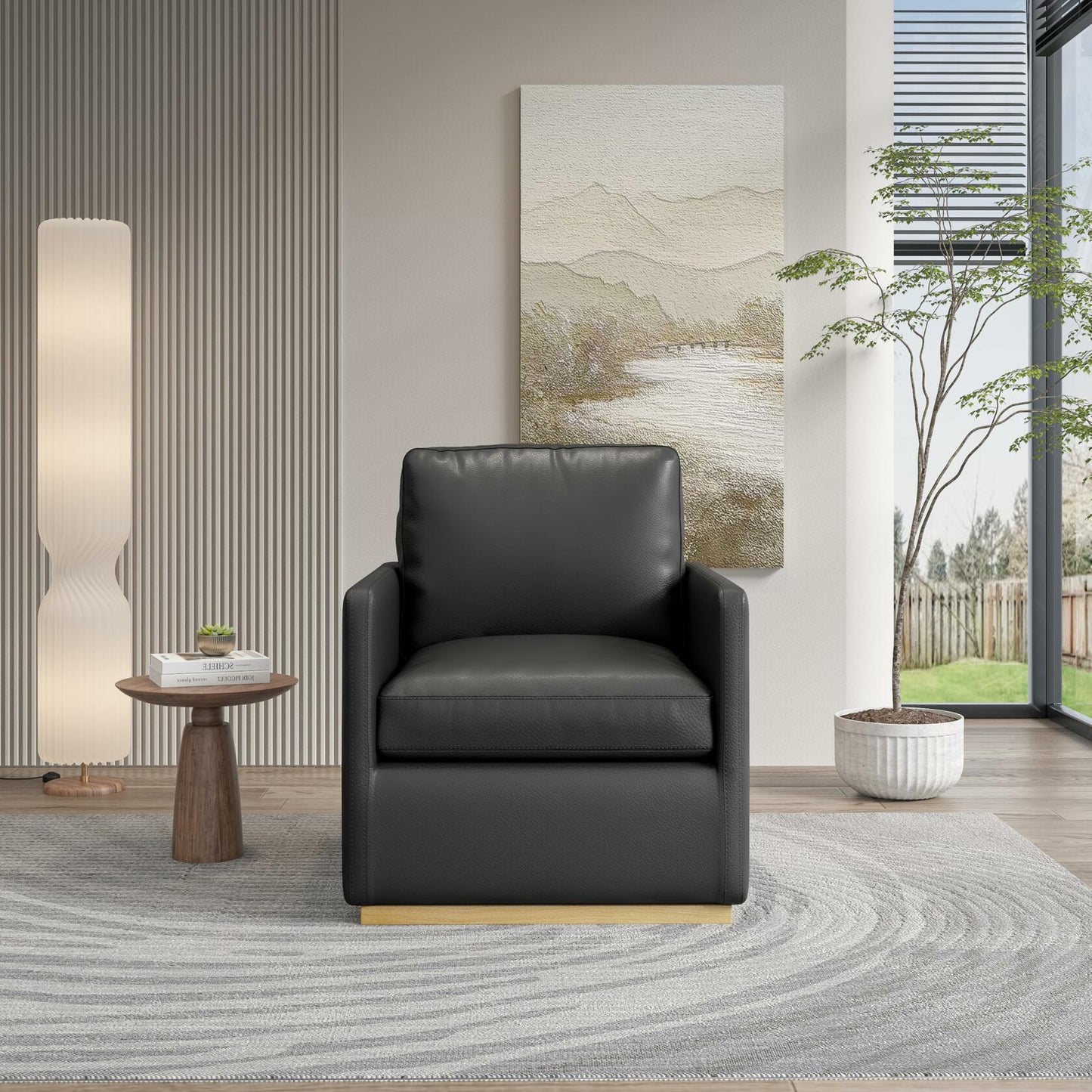 Swivel Barrel Chair, Premium Comfy Round Accent Chair for Living Room, Mid Century Modern Reading Chair for Adults, Bedroom Side Chairs for Small Spaces, Armchair for Home/Office/Leather Black