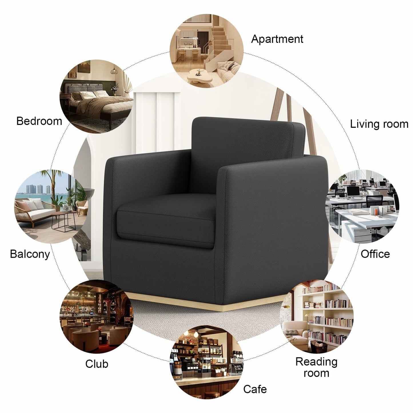 Swivel Barrel Chair, Premium Comfy Round Accent Chair for Living Room, Mid Century Modern Reading Chair for Adults, Bedroom Side Chairs for Small Spaces, Armchair for Home/Office/Leather Black