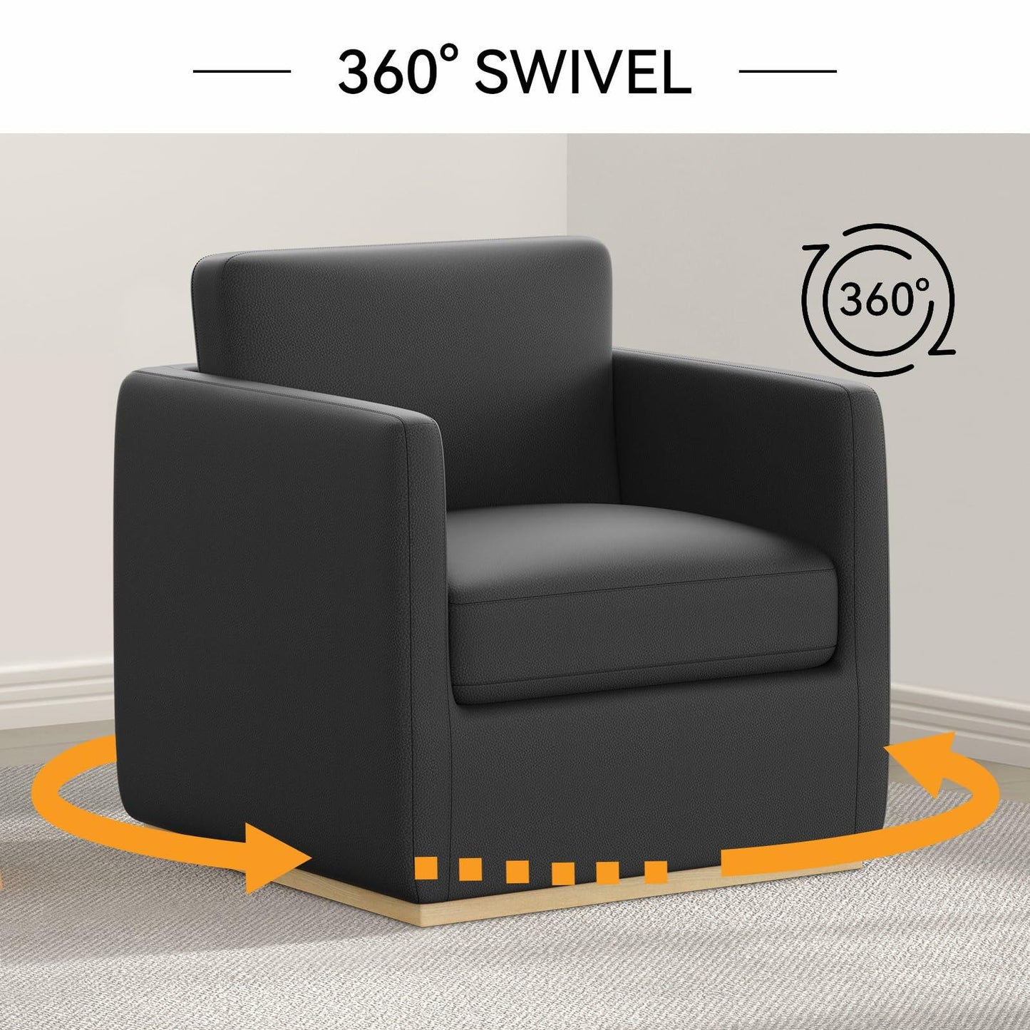 Swivel Barrel Chair, Premium Comfy Round Accent Chair for Living Room, Mid Century Modern Reading Chair for Adults, Bedroom Side Chairs for Small Spaces, Armchair for Home/Office/Leather Black