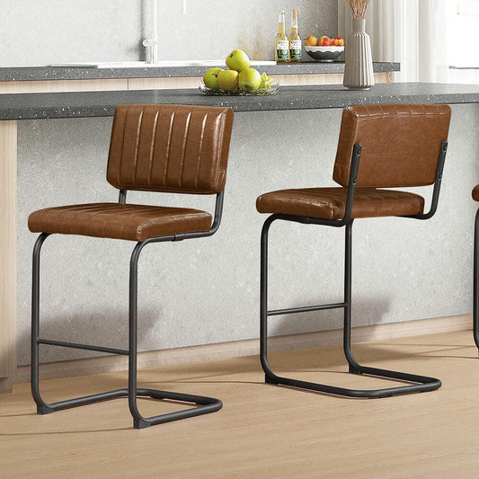 Saisy 26.77 in. Seat Height Brown Faux Leather Counter Stools with Metal Frame, (Set of 2)