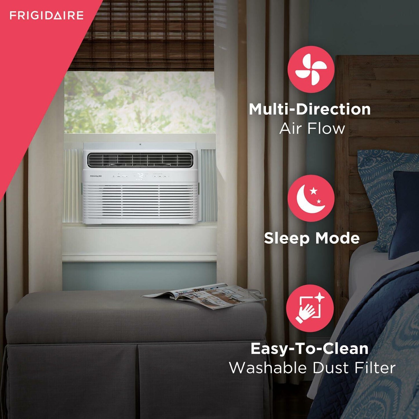 Frigidaire 8,000 BTU Window Air Conditioner & Dehumidifier, 115V, Cools up to 350 Sq. Ft. for Apartment, Dorm Room & Small/Medium Rooms, with Remote Control, Programmable Timer, and Sleep Mode, White