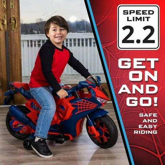 6V Spiderman Motorcycle, Battery Ride on Toy, for Kids, Ages 3+