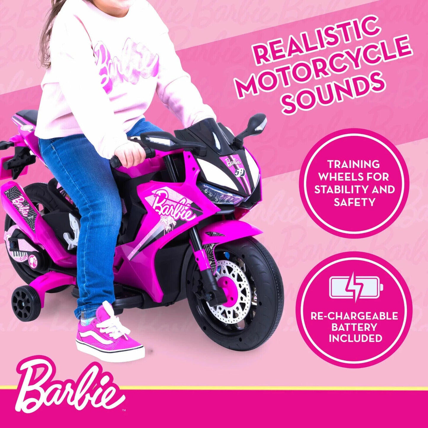 Barbie by Flybar, 6 Volts Motorcycle Ride on Ages 3 and up Girls Birthday Gift