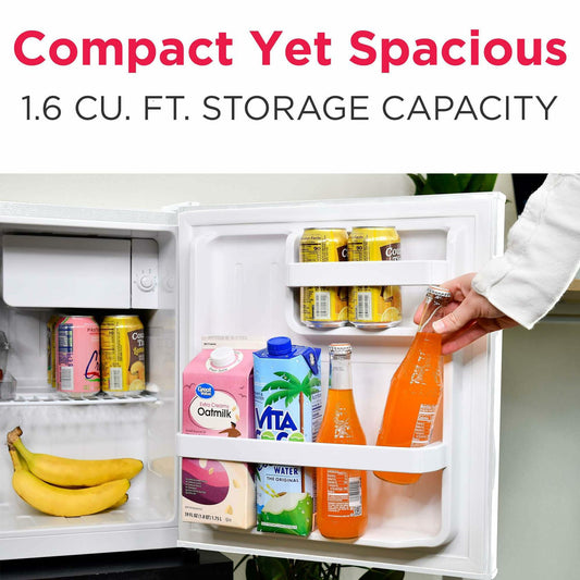 Frigidaire Retro Compact Fridge with Chiller, Countertop, Built-In Bottle Opener, Compact Refrigerator 1.6 cu ft, Mini Fridge for Office, Bedroom, Dorm Room or Cabin - 16" D x 18" W x 18.5" H (White)