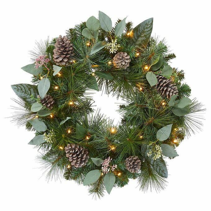 24" Pre-Lit Artificial Mixed Greenery Wreath