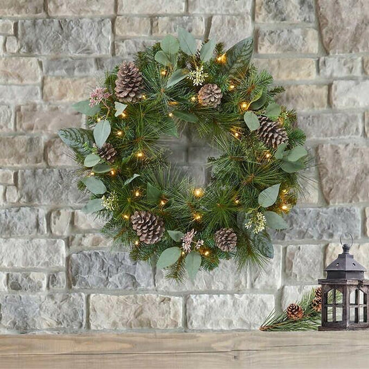 24" Pre-Lit Artificial Mixed Greenery Wreath