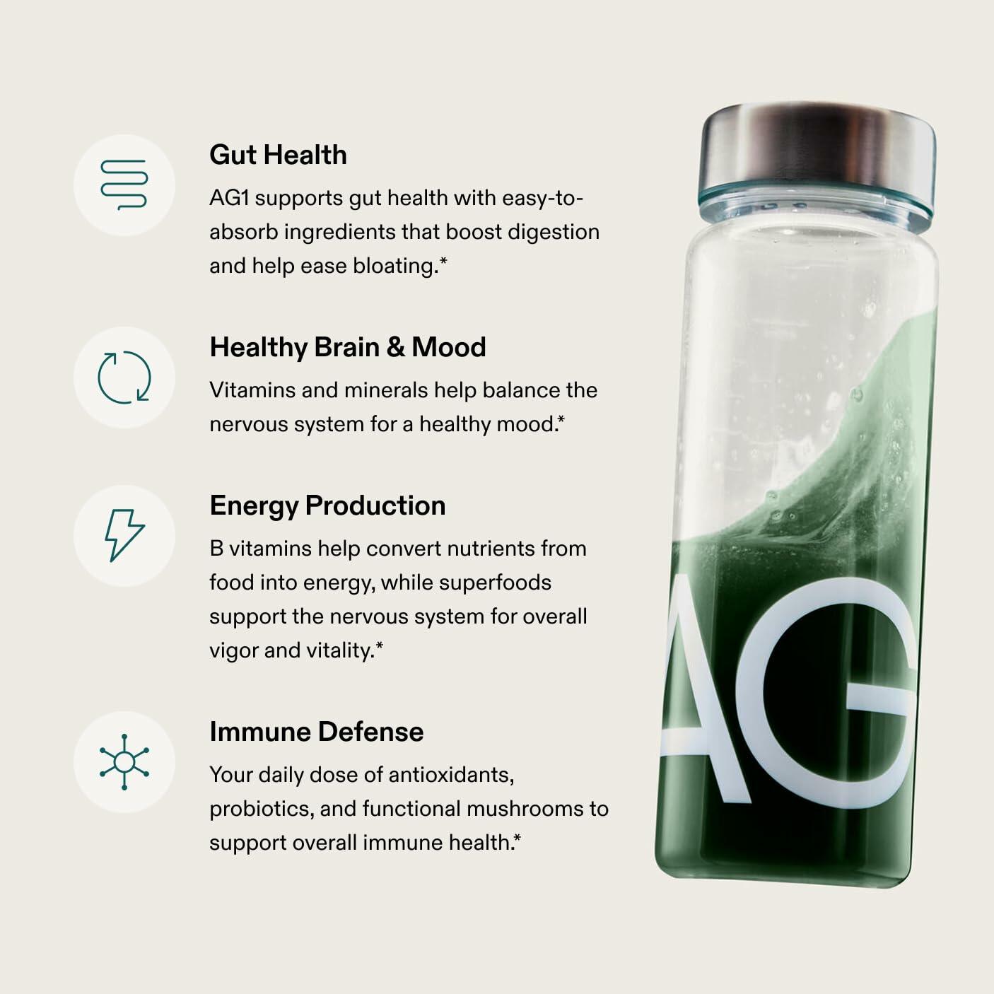 AG1 Greens Powder Supplement | Improve Gut Health | Multivitamin, Probiotic, Gluten Free, Vegan and Keto Friendly | Shaker & Scoop Included | 75 Vitamins (Athletic Greens), Classic Formula