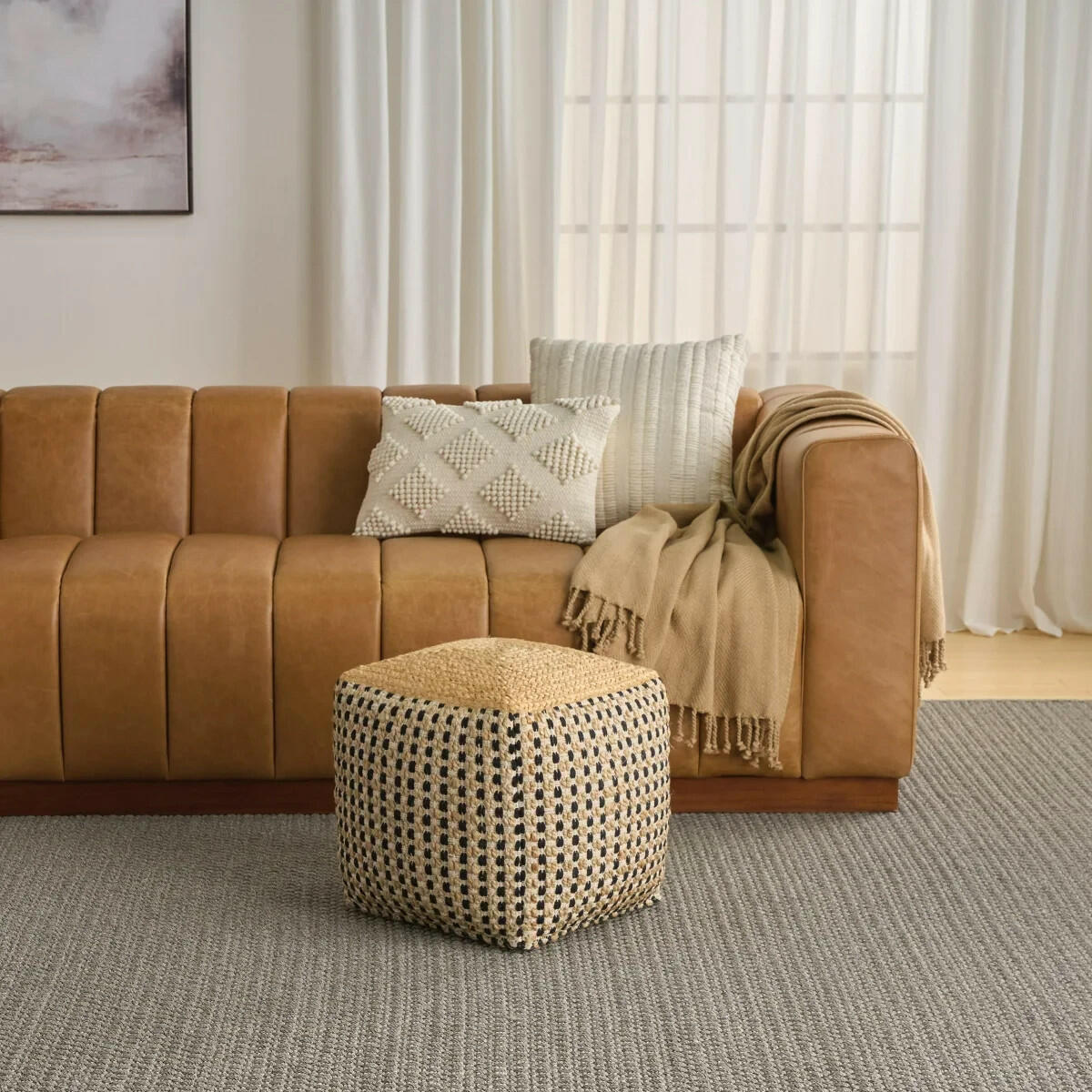 Nourison Jute/Cotton Pouf 16” x 16” x 16” - Black