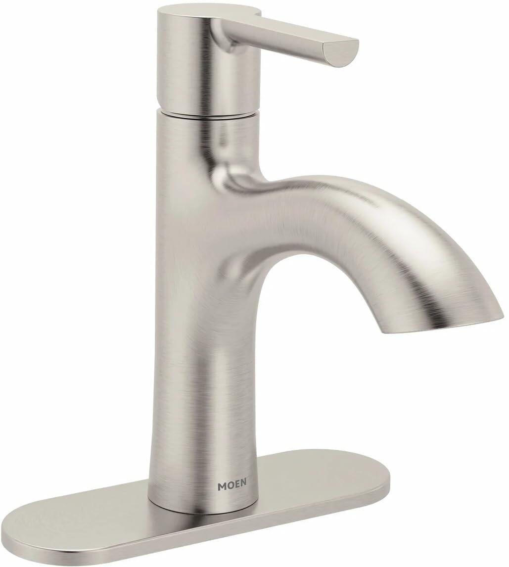 Moen Idris One-Handle Bathroom Faucet – Modern Deck Mount with Push-Down Drain – Optional 3-Hole Deckplate – 1.2 GPM (Brushed Nickel)