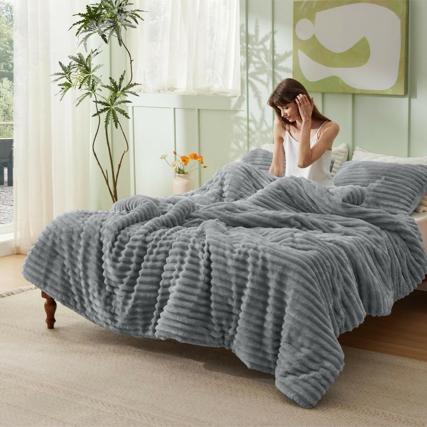 Frye 2" Solid Channel Luxury Faux Fur Comforter 3 Piece Queen Set, Reversible