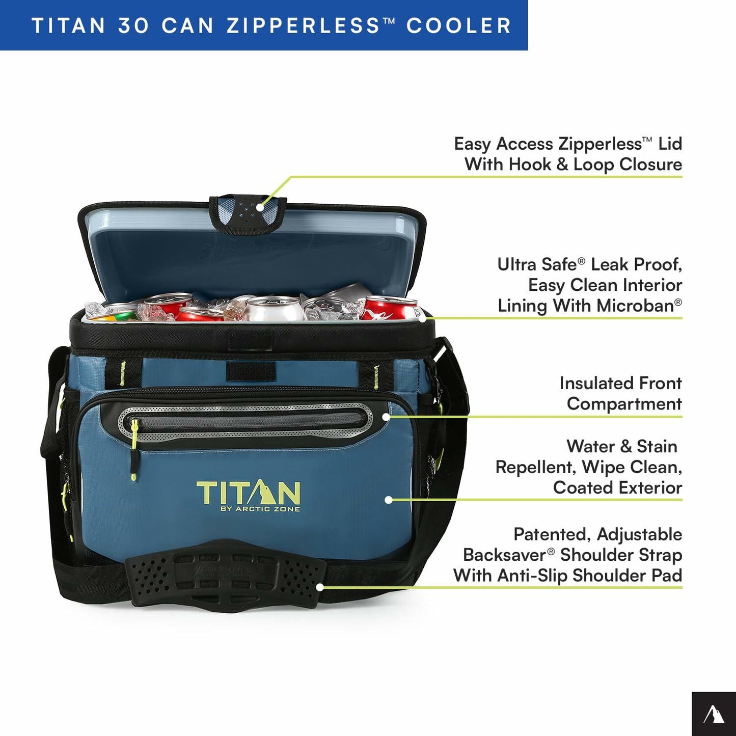 Titan by Arctic Zone 30 Can Zipperless Soft Cooler with HardBody Liner, Marine Blue