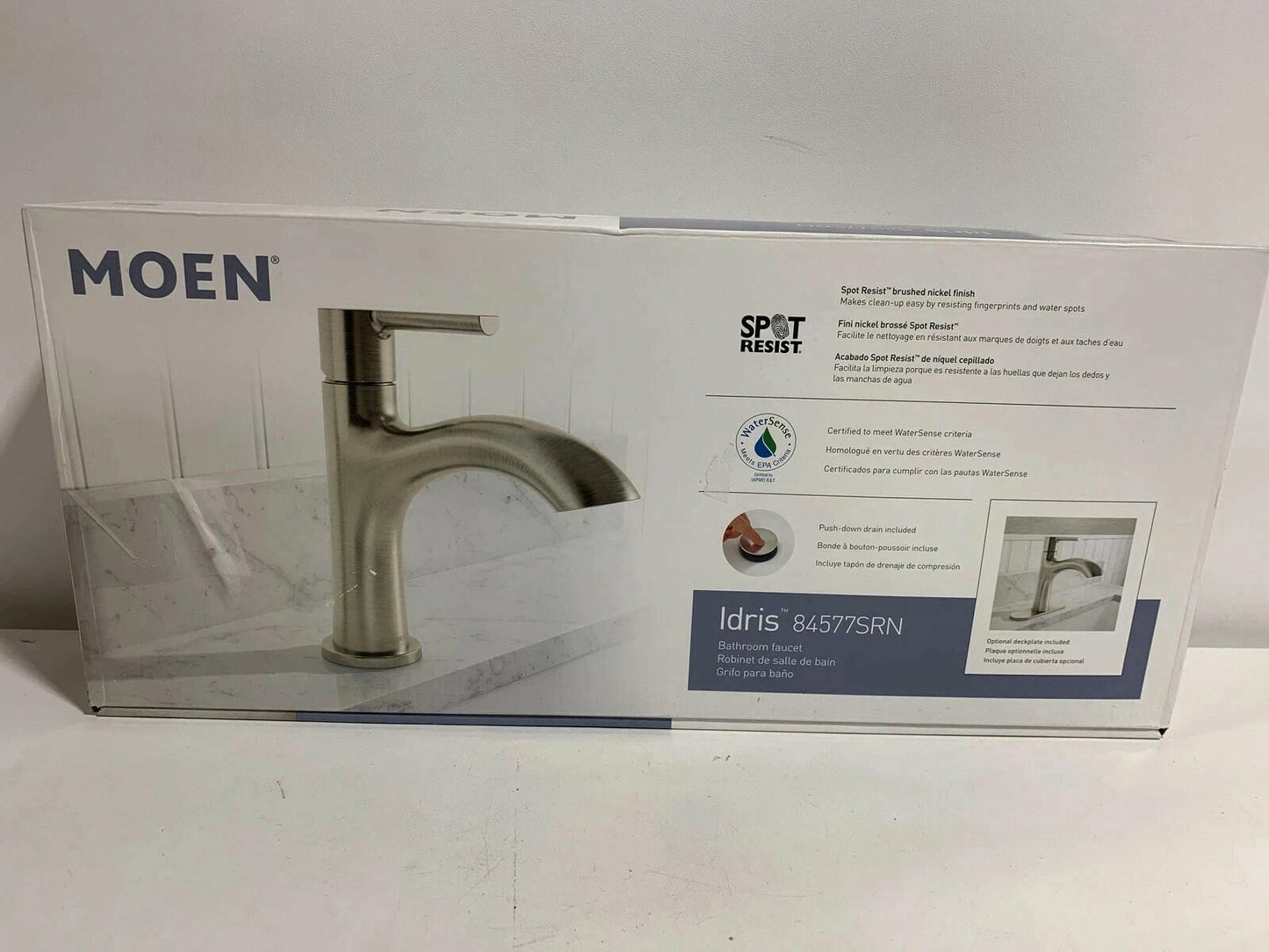 Moen Idris One-Handle Bathroom Faucet – Modern Deck Mount with Push-Down Drain – Optional 3-Hole Deckplate – 1.2 GPM (Brushed Nickel)