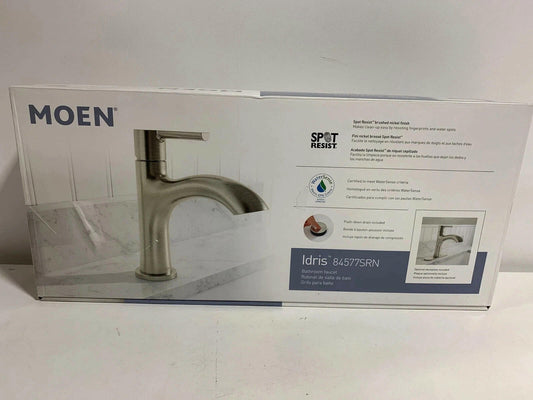 Moen Idris One-Handle Bathroom Faucet – Modern Deck Mount with Push-Down Drain – Optional 3-Hole Deckplate – 1.2 GPM (Brushed Nickel)