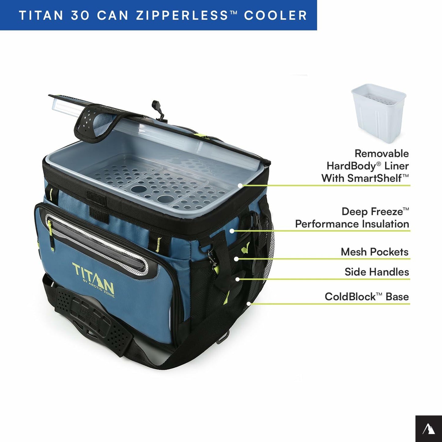 Titan by Arctic Zone 30 Can Zipperless Soft Cooler with HardBody Liner, Marine Blue