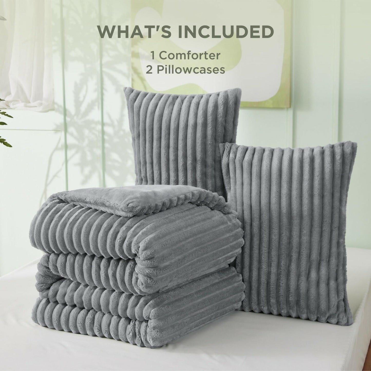 Frye 2" Solid Channel Luxury Faux Fur Comforter 3 Piece Queen Set, Reversible