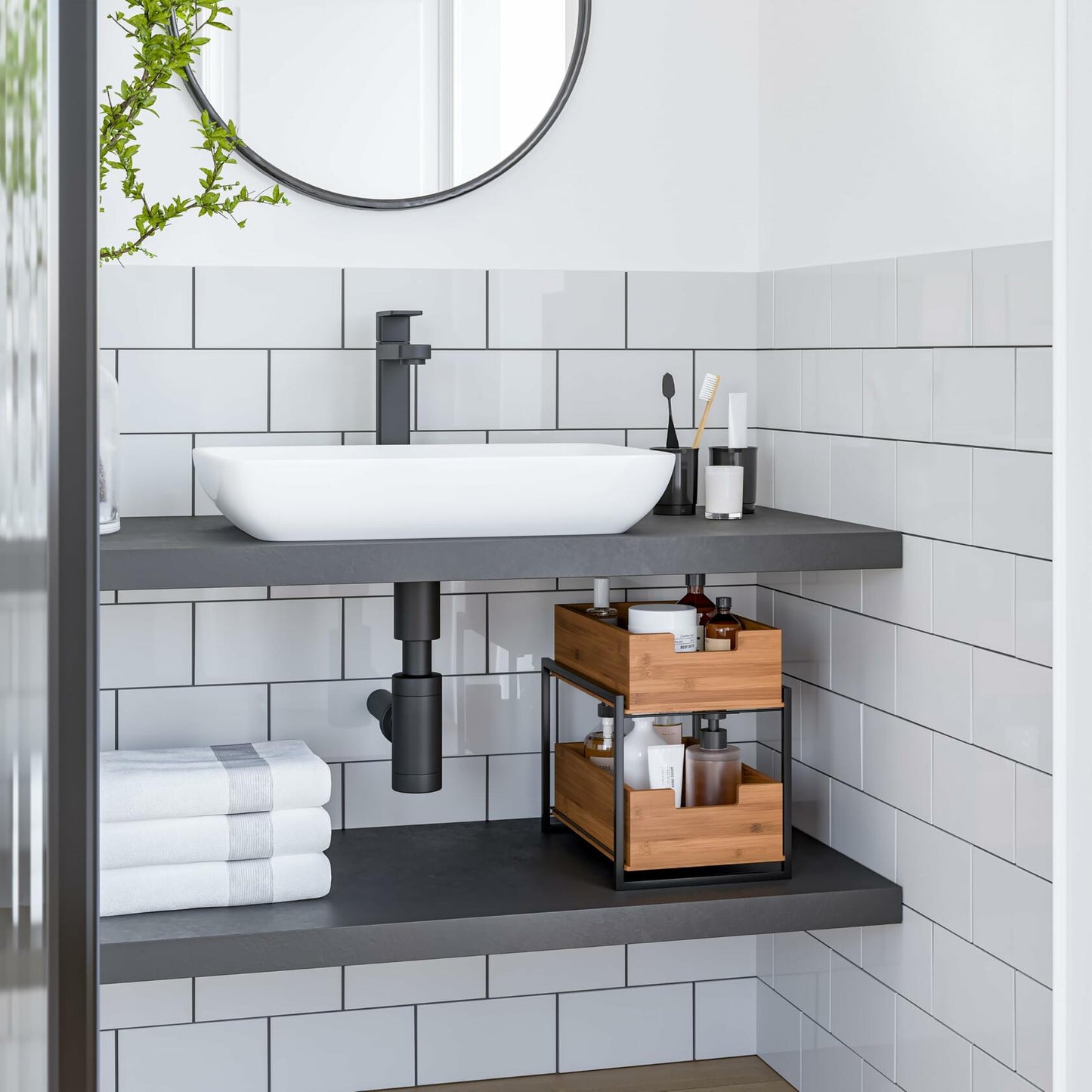 Seville Classics Bamboo Premium Organizer Storage Bins for Kitchen Silverware, Pantry, Closet, Office Desk, Pens, Utensils, Makeup, K Cup, Bamboo, 2-Tier Bin Set, Black