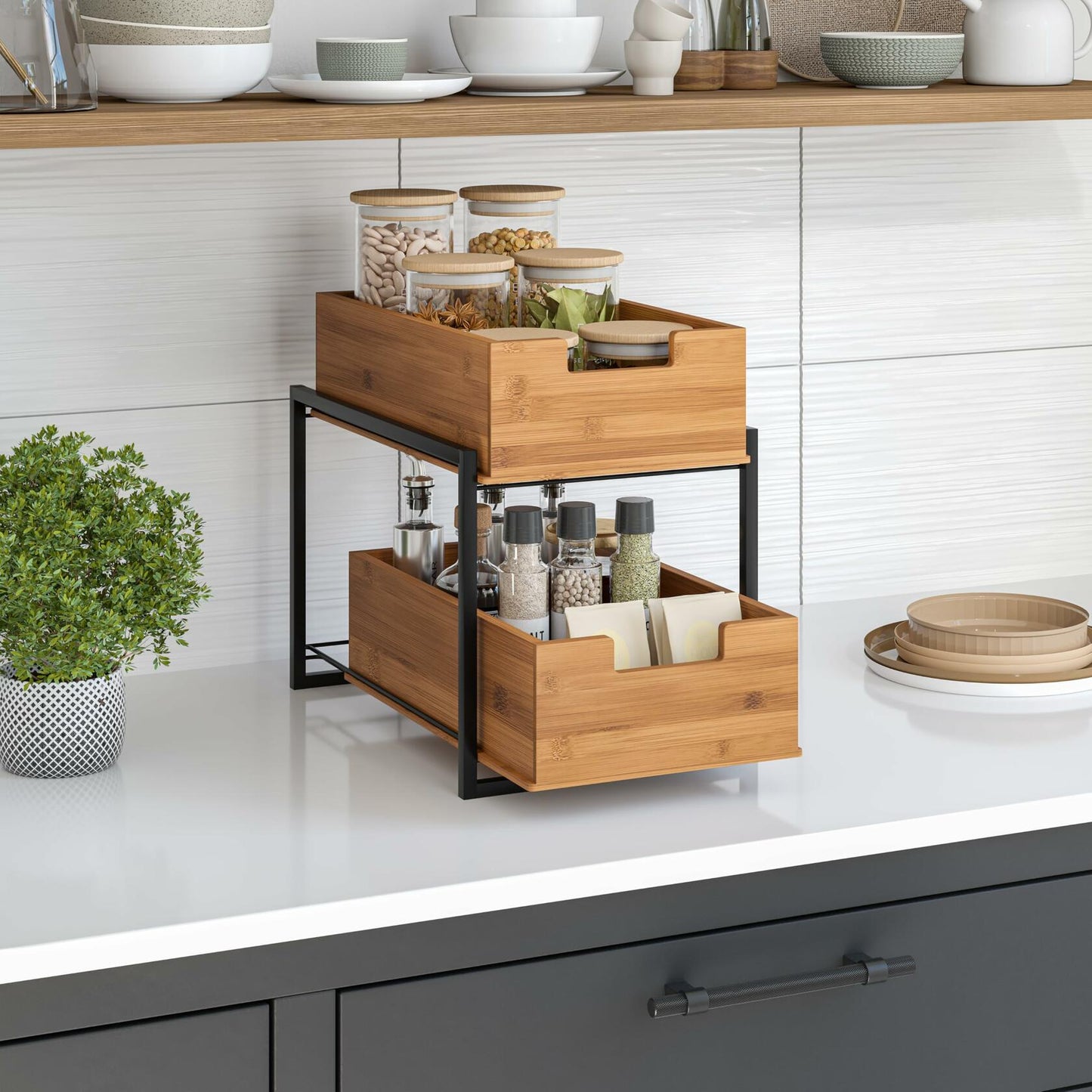 Seville Classics Bamboo Premium Organizer Storage Bins for Kitchen Silverware, Pantry, Closet, Office Desk, Pens, Utensils, Makeup, K Cup, Bamboo, 2-Tier Bin Set, Black