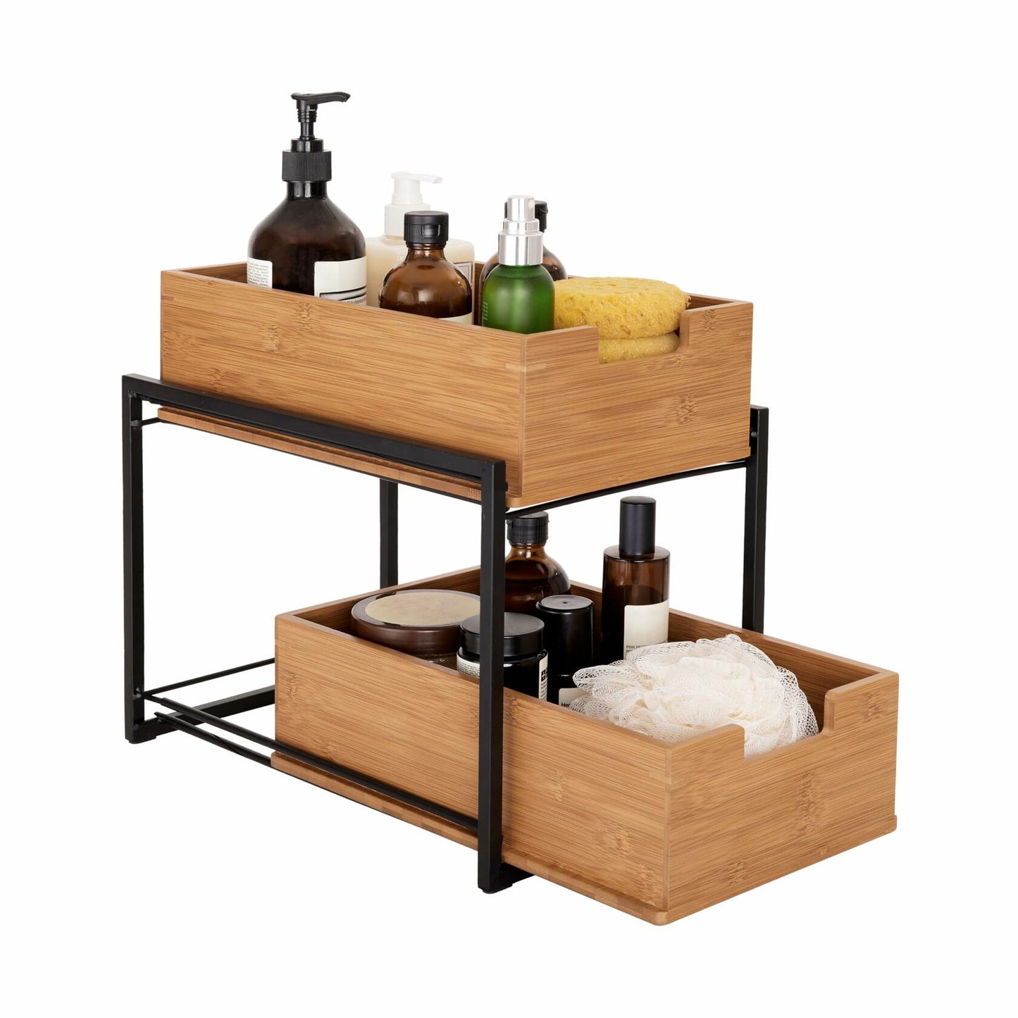 Seville Classics Bamboo Premium Organizer Storage Bins for Kitchen Silverware, Pantry, Closet, Office Desk, Pens, Utensils, Makeup, K Cup, Bamboo, 2-Tier Bin Set, Black