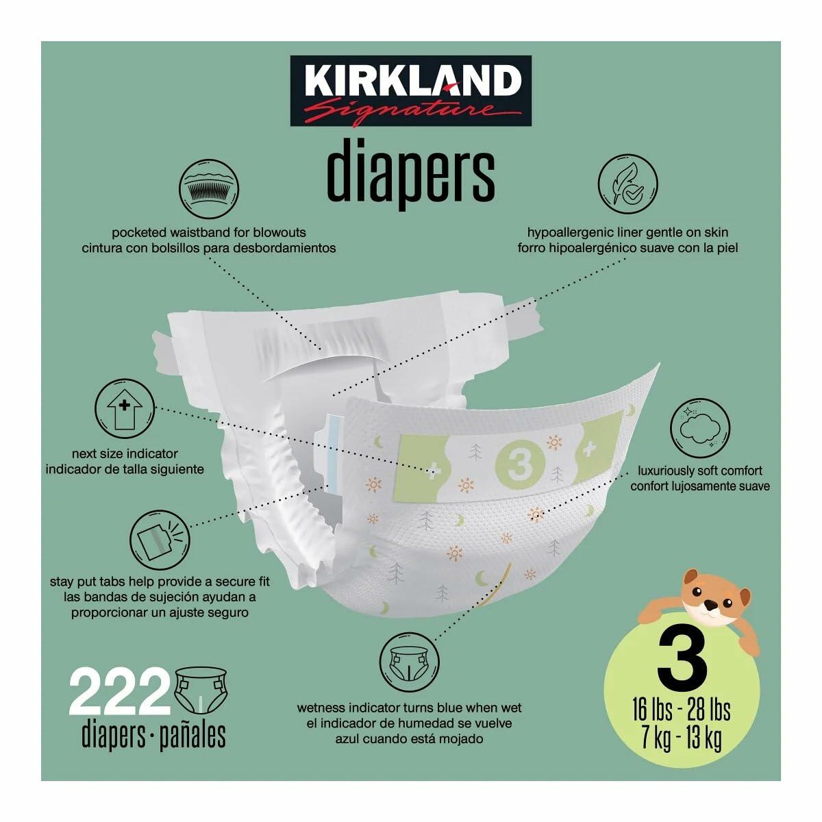 Kirkland Signature Diapers, Size 3 (16-28 Pounds), 222 Count