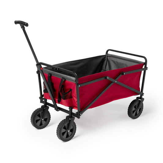 Seina Heavy Duty Steel Compact Collapsible Folding Outdoor Portable Utility Cart Wagon w/All Terrain Rubber Wheels and 150 Pound Capacity, Red/Gray, Large