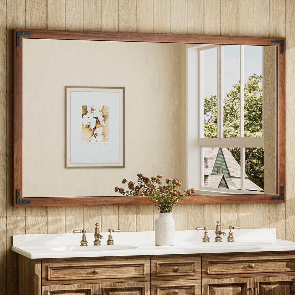 60 in. W x 36 in. H Rectangular Rustic Wood Framed Mirror Farmhouse Bathroom Vanity Mirror Over Sink in Brown