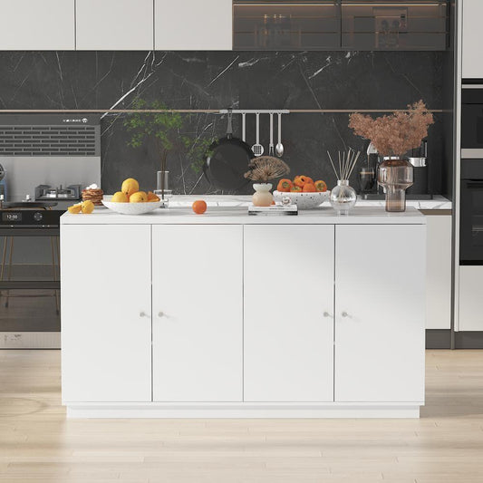 White Wood 63 in. W Kitchen Island Dining Bar Table Sideboard with Marble Countertop, Door Cabinets, 6-Drawers