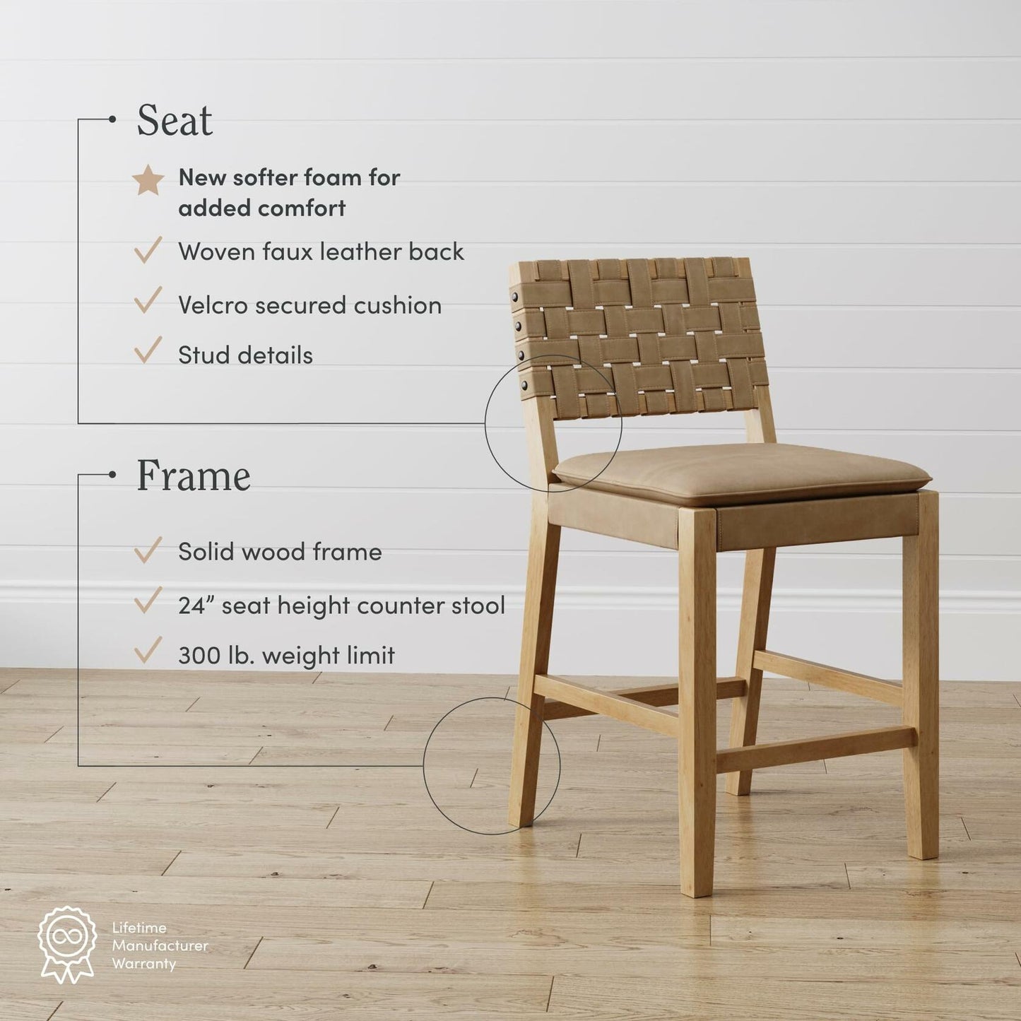 Nathan James Cohen Mid-Century Modern Leather Bar Stool, Counter Height Chair in Solid Wood Frame with Footrest and Woven Leather Back for Kitchen, Natural Brown, 1 count, Barstool - 24"