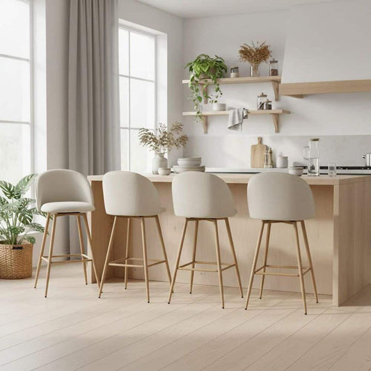 Homy Casa Haseeb 26 in. Modern Swivel Upholstered Counter Height Bar Stool with Curved Back Ivory White Fabric/Oak Legs (Set of 4)