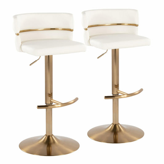 LumiSource Cinch Adjustable Bar Stool, Gold Bar Stools, Bar Chairs, Swivel Bar Stools, Bar Height Stools, Bar Stools Set of 2 (White Faux Leather)