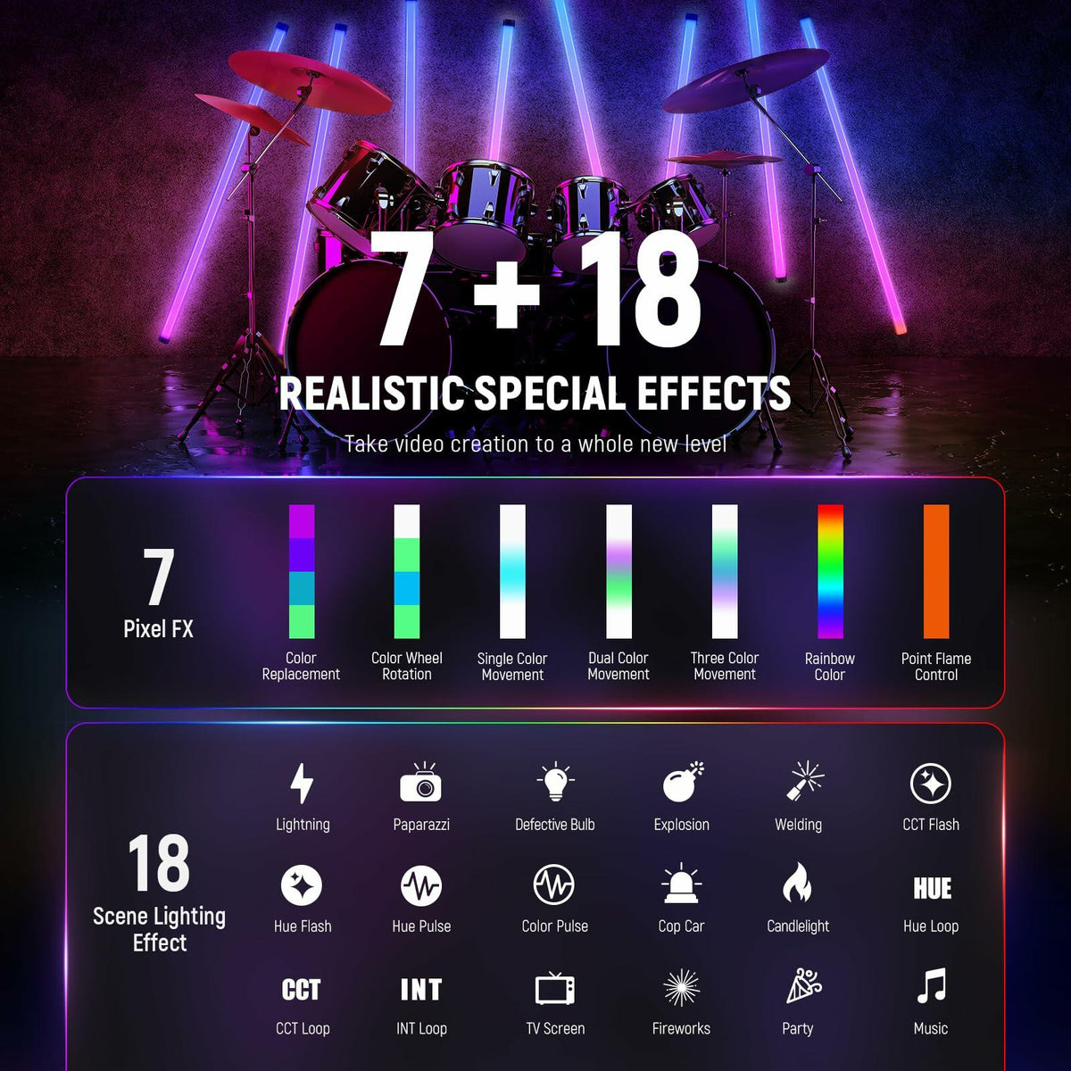 Led Vid NEEWER TL120C RGB Tube Light, 42W Full Color RGBWW Photography LED Vid ...