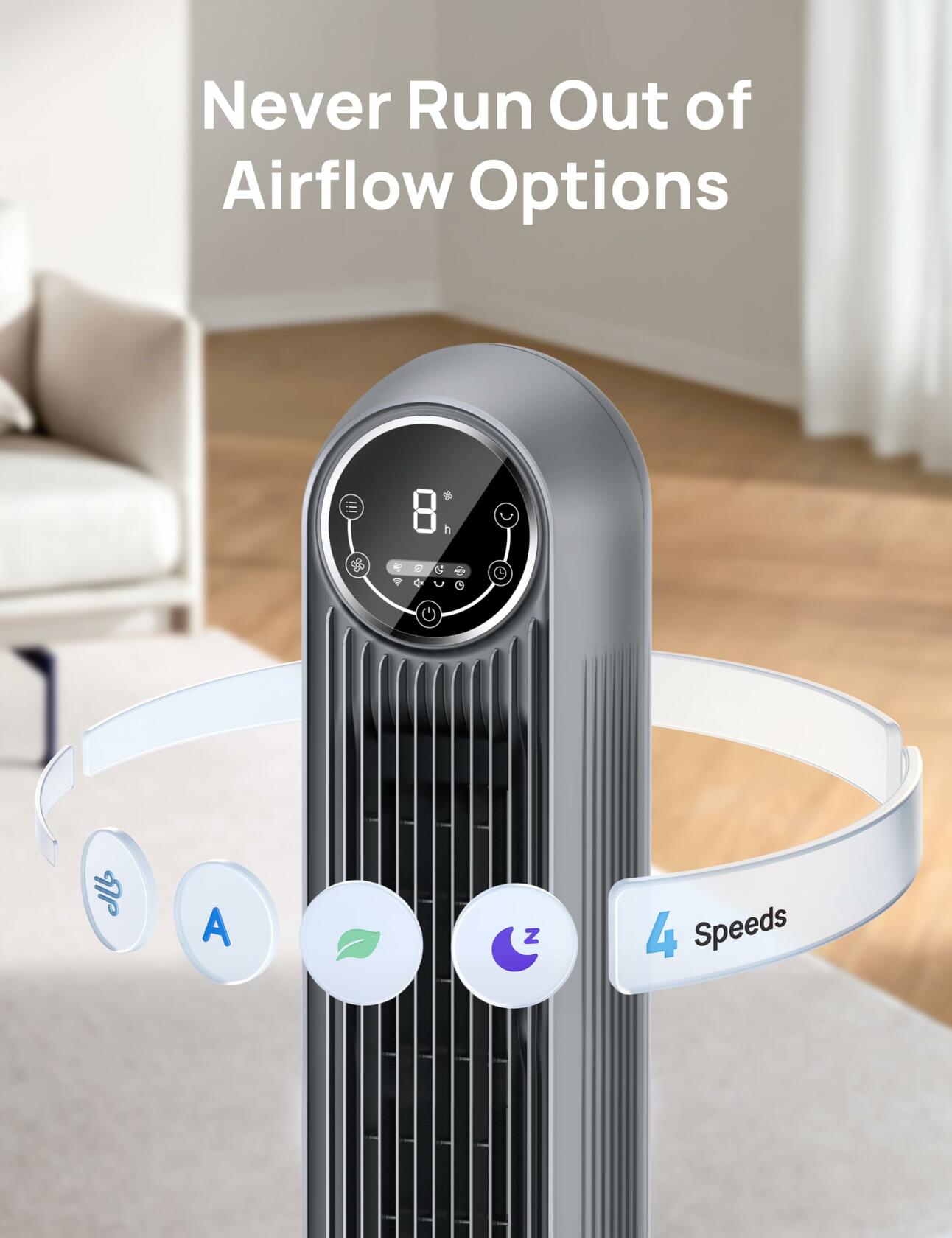 DREO Tower Fan for Bedroom, 25ft/s Velocity Quiet Floor Fan, 90° Oscillating Fans for Indoors with 4 Speeds, 4 Modes, 8H Timer, Bladeless Fan, Standing Fans, Grey, Nomad One (DR-HTF007), Missing Stand & Remote.