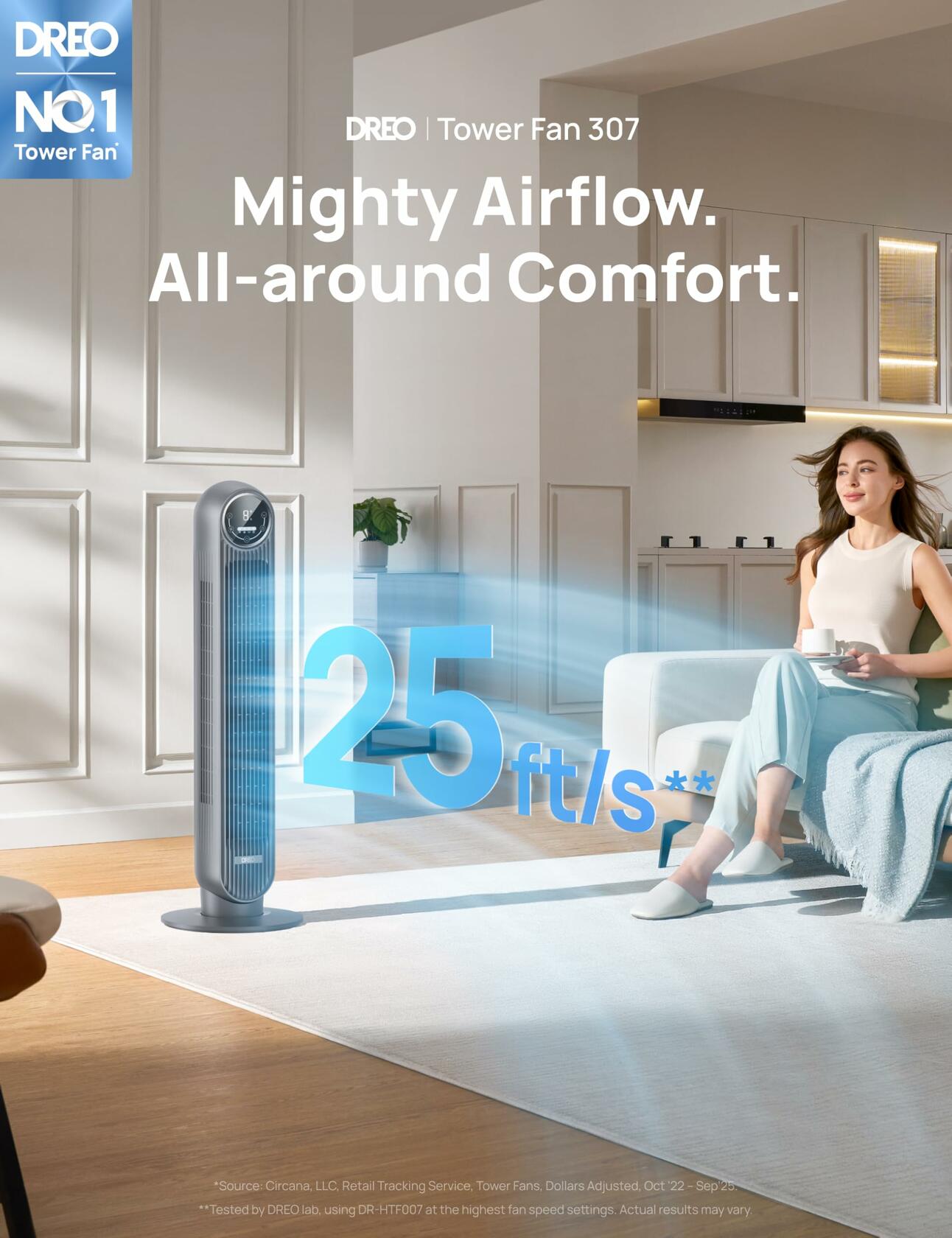 DREO Tower Fan for Bedroom, 25ft/s Velocity Quiet Floor Fan, 90° Oscillating Fans for Indoors with 4 Speeds, 4 Modes, 8H Timer, Bladeless Fan, Standing Fans, Grey, Nomad One (DR-HTF007), Missing Stand & Remote.