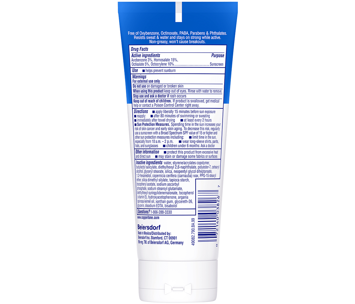 Coppertone Sport Face Sunscreen Lotion SPF 60+, 2.5 fl oz — exact UPC 072140038267 back label, Drug Facts and directions